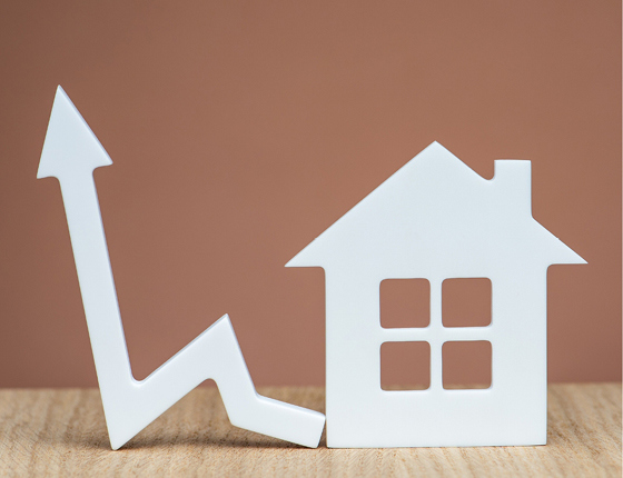 Foto met daarin een huisje met daarnaast een grafiekpijl die omhoog en omlaag gaat om de huurverhoging of huurbevriezing te weergeven.
